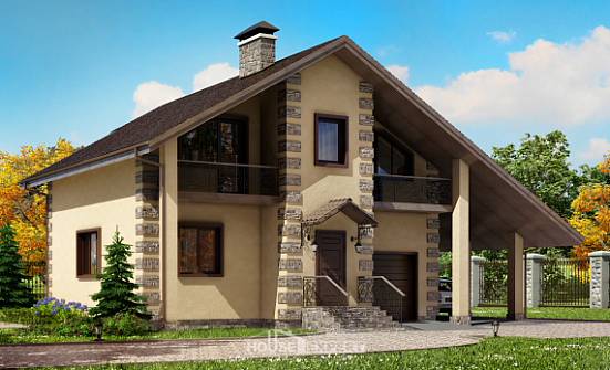 150-003-П Проект двухэтажного дома с мансардой и гаражом, экономичный загородный дом из газобетона Агрыз | Проекты домов от House Expert