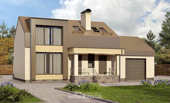 150-015-Л Проект двухэтажного дома мансардой, гараж, скромный дом из бризолита Лениногорск | Проекты домов от House Expert