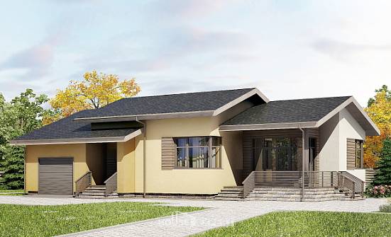 135-002-Л Проект одноэтажного дома и гаражом, бюджетный загородный дом из газобетона Набережные Челны | Проекты домов от House Expert